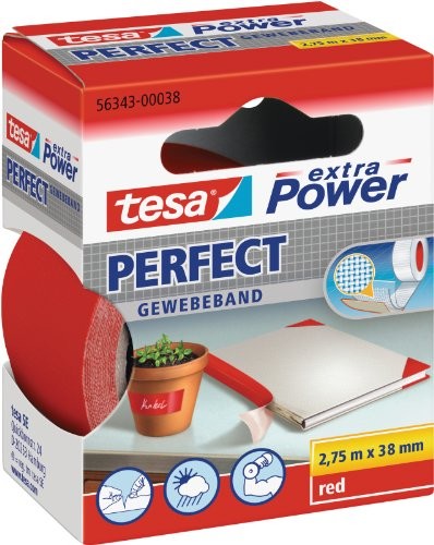 TESA extra Power Perfect tkaninowa taśma klejąca do majsterkowania samoprzylepna taśma wzmacniana tkaniną szeroka gama zastosowań 2,75 m x 38 mm, czerwony 56343-00038-03