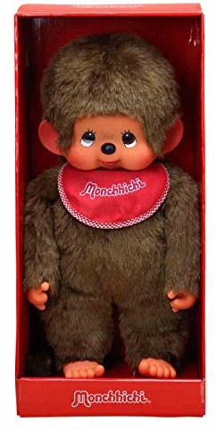 Sekiguchi Sekiguchi 255410 - Oryginalny chłopiec Monchhichi z brązowego pluszu, z czerwonymi śliniaczkami, ok. 45 cm 255410