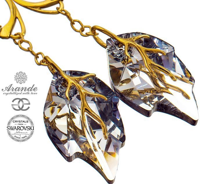 Swarovski ozdobne długie kolczyki COMET LEAF ZŁOTE SREBRO