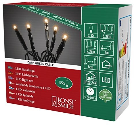 Konstsmide 6352-820 łańcuch świetlny mikro LED, wewnętrzny IP20, certyfikat Niemieckiego Związku Elektryków, 35 bursztynowe diody, kabel czarny, 24 V 6352-820