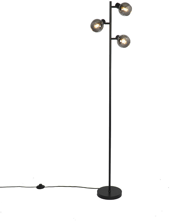 QAZQA Art Deco vloerlamp zwart 3-lichts met smoke glass - Vidro