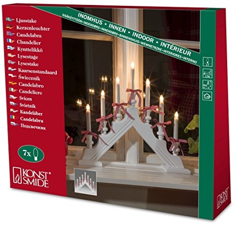Konstsmide 2260  255 drewniany świecznik, z czerwonymi/białymi szlifowania, lakierowany na biało/do użytku wewnątrz pomieszczeń (IP )/230 V wewnętrzny/7 przejrzysta/białe żarówki przewód 7318302602550