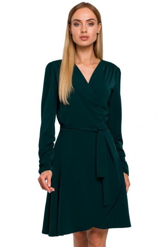 SukienkiShop Sukienka elegancka wizytowa kopertowa wiązana w pasie zielona - SukienkiShop