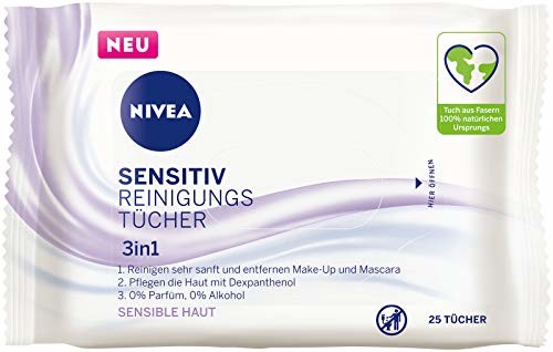 Nivea Chusteczki do czyszczenia skóry wrażliwej 3 w 1 (25 sztuk), delikatne chusteczki do oczyszczania twarzy z dekspantenolem, delikatne chusteczki do demakijażu dla skóry wrażliwej