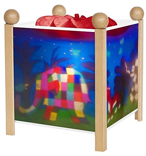Prezent Trousselier - Elmer słonia - lampka nocna - magiczna latarnia - idealny urodzinowy - kolor drewna naturalny - animowane obrazy - uspokajające światło - 12 V 10 W żarówka w zestawie - wtyczka E