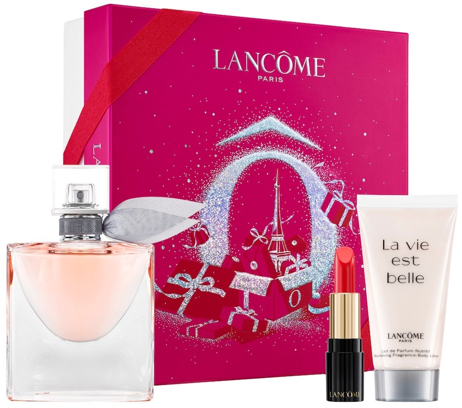 Lancome La Vie Est Belle Zestaw Świąteczny Woda perfumowana 50 ml + pomadka do ust LAbsolu Rouge Nr 132 + Balsam do ciała 50 ml La vie est belle