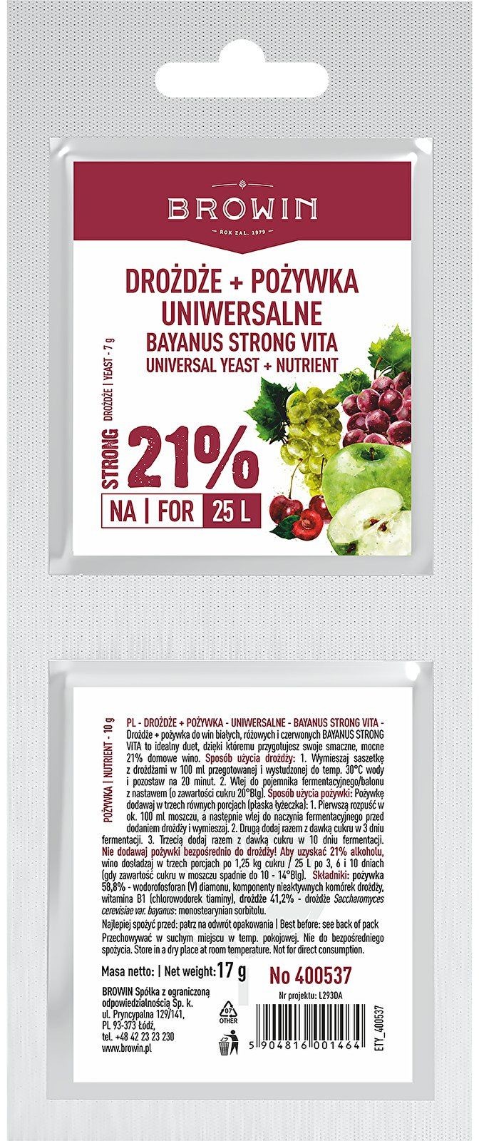 Browin Drożdże Bayanus + pożywka - Uniwersalne 21% - 17g