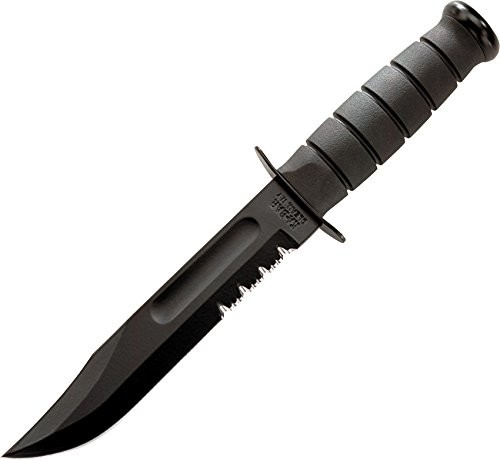 Ka-Bar Black Fighting Knife, Black Leather Sheath, 7 W., Serrated KA1212-BRK