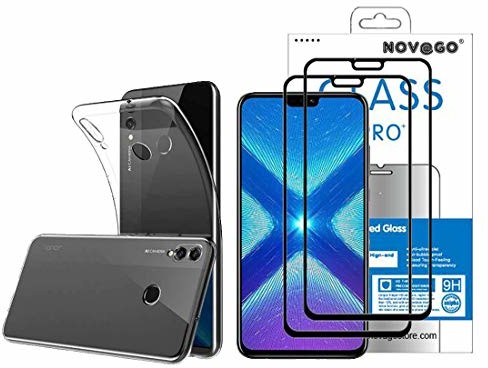 Ego Novago Novago etui kompatybilne z Huawei Honor 8X Pack (3 w 1) etui ochronne, miękkie, przezroczyste, odporne na uderzenia + 2 folie ochronne na wyświetlacz z hartowanego szkła do ochrony całego ekranu Honor8X-2VerreNoir+1CoqueTR