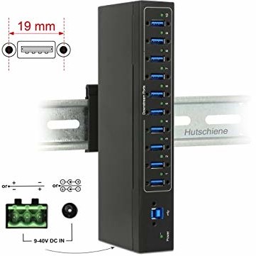 Delock zewnętrzny koncentrator przemysłowy 10 x USB 3.0 Type-A z 20 KV ESD Protection - koncentrator - 10 x SuperSpeed USB 3.0 - montowany na szynie DIN, montowany na ścianie - prąd stały (63919)