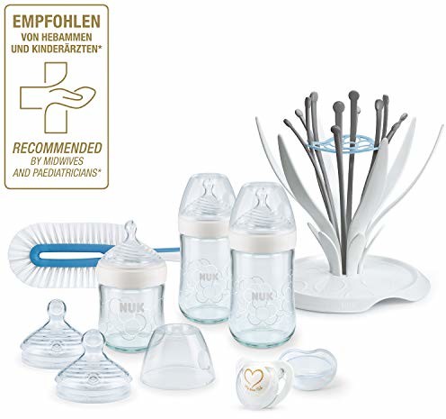 NUK 10225163 Nature Sense zestaw szklanych butelek, butelek dla niemowląt, szczotka do odkurzacza, butelka do picia, Multi Dry i Genius smoczek, biały