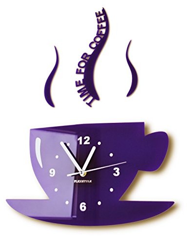 FLEXISTYLE Flexistyle kubek Time for Coffee (czas na kawę) nowoczesny zegar ścienny liliowy 3D rzymski, zegar ścienny dekoracja
