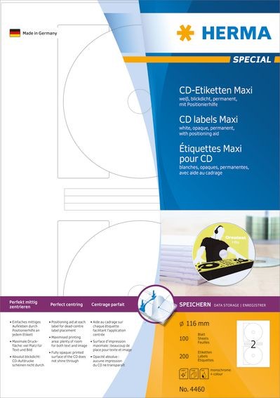 Herma CD-Etik. Maxi A4 wei 116 mm Papier opak 200 St. - 4460