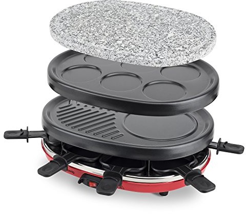 h.koenig H.Koenig RP412 grill raclette, 4 w 1, raclette, grill kamienny, płyta crepe i grill, 900 W, czarno-czerwony RP412