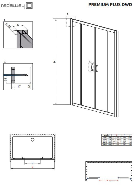 Radaway Premium Plus DWD Drzwi prysznicowe 140x190 cm profile chrom szkło brązowe 33353-01-08N