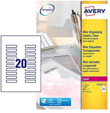 Avery Clear Addressing Labels Laser 20 per sheet 55 X 12.7 mm Ref L7552 25 [500 Labels] L7552-25