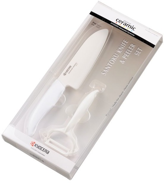 Kyocera Zestaw Blister, ceramiczny nóż Santoku 14 cm i poprzeczna obieraczka, biały