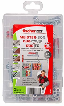 fischer Fischer MEISTER-BOX DUOPOWER/DUOTEC, skrzynka narzędziowa z 87 kołkami i śrubami, uniwersalne kołki, kołki rozporowe, praktyczny zestaw, skrzynia kołków dla majsterkowiczów i profesjonalistów