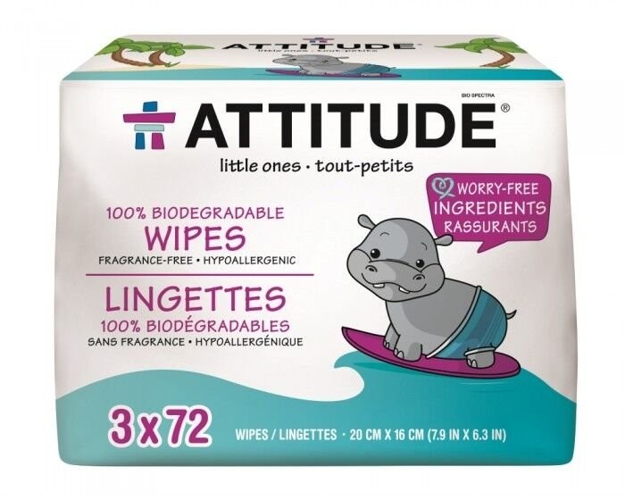 Attitude Attitude, Bezzapachowe nawilżane chusteczki dla niemowląt, 3x72 szt.