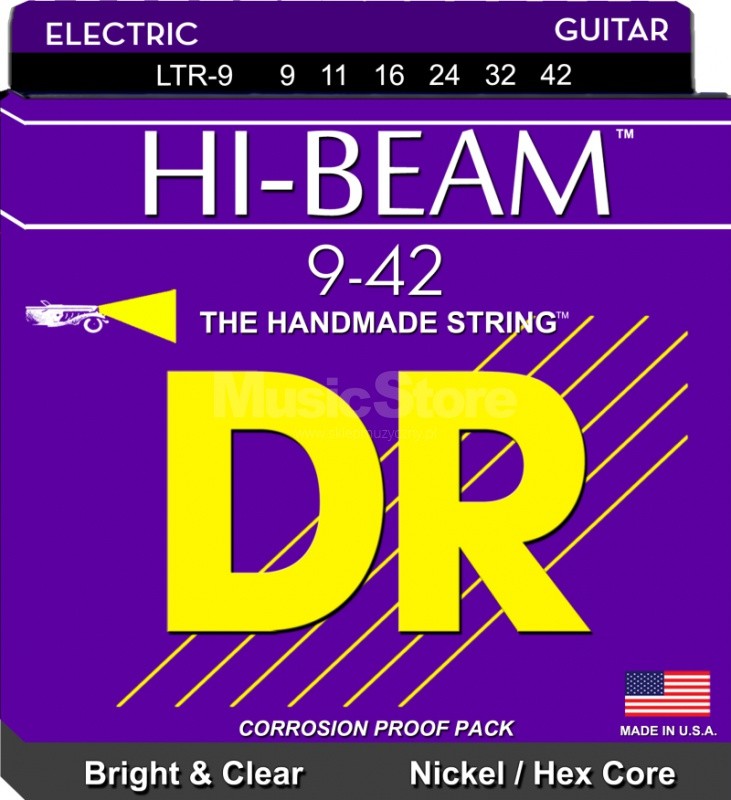 DR Strings hi-beam - ltr-9 - Electric Guitar String Set, Big & Light, .009-042