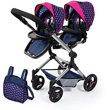 Bayer Design 26254AA podwójny wózek dziecięcy, twins, regulowany uchwyt na wysokość, składany, z torbą i wbudowanym koszem na zakupy, kompatybilny z EasyGo, niebieski z jednorożcem i sercami 26254AA