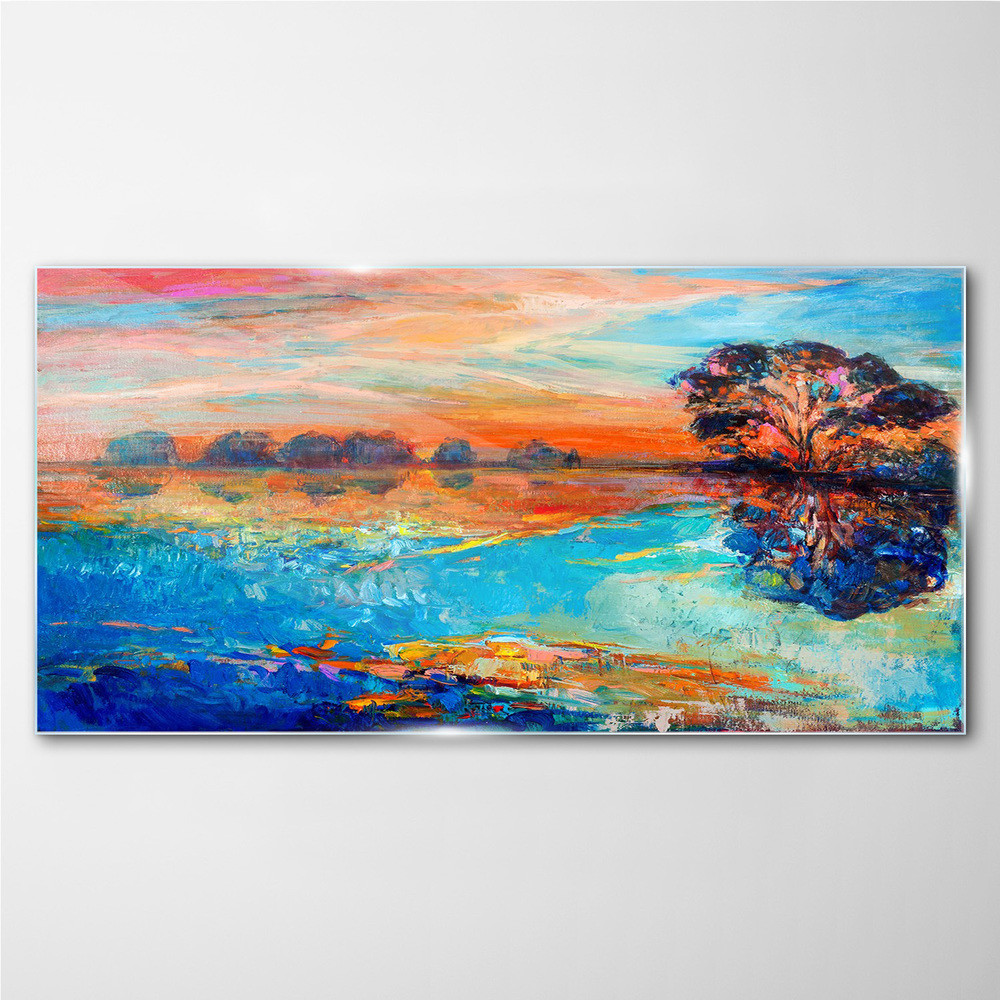 PL Coloray Obraz Szklany woda drzewa zachód słońca 120x60cm