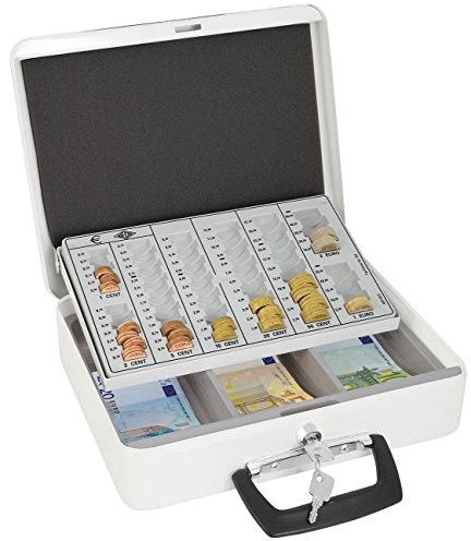 Wedo 150658000 kaseta do liczenia pieniędzy Europy (malowana proszkowo blachy stalowej, na monety i banknoty, z uchwytem do noszenia, 31,5 x 24,5 x 9,5 cm) Biały 150658000