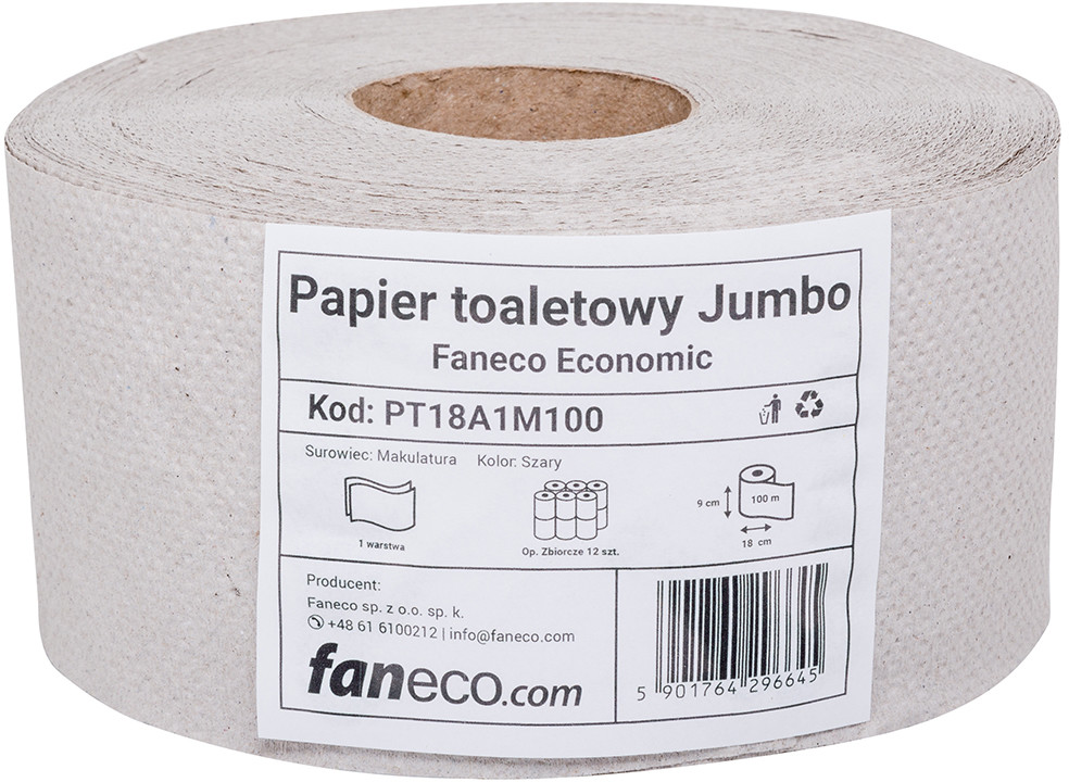 Jumbo Faneco Papier toaletowy Faneco Economic 12 szt 1 warstwa 100 m średnica 18 cm szary makulatura PT18A1M100