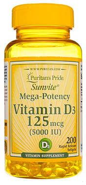 Puritan's Pride Vitamin D3 5000 IU  125 g [ 200 softgel ] - Puritan's Pride - Zdrowe Kości i Zęby - Odporność