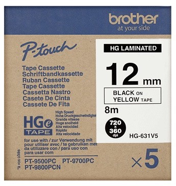 Brother HGE-631 V5 5x Taśma 12mm laminowana żółta (do wydruków wysokiej rozdzielczości), czarny nadruk E671-98505_20150122105905