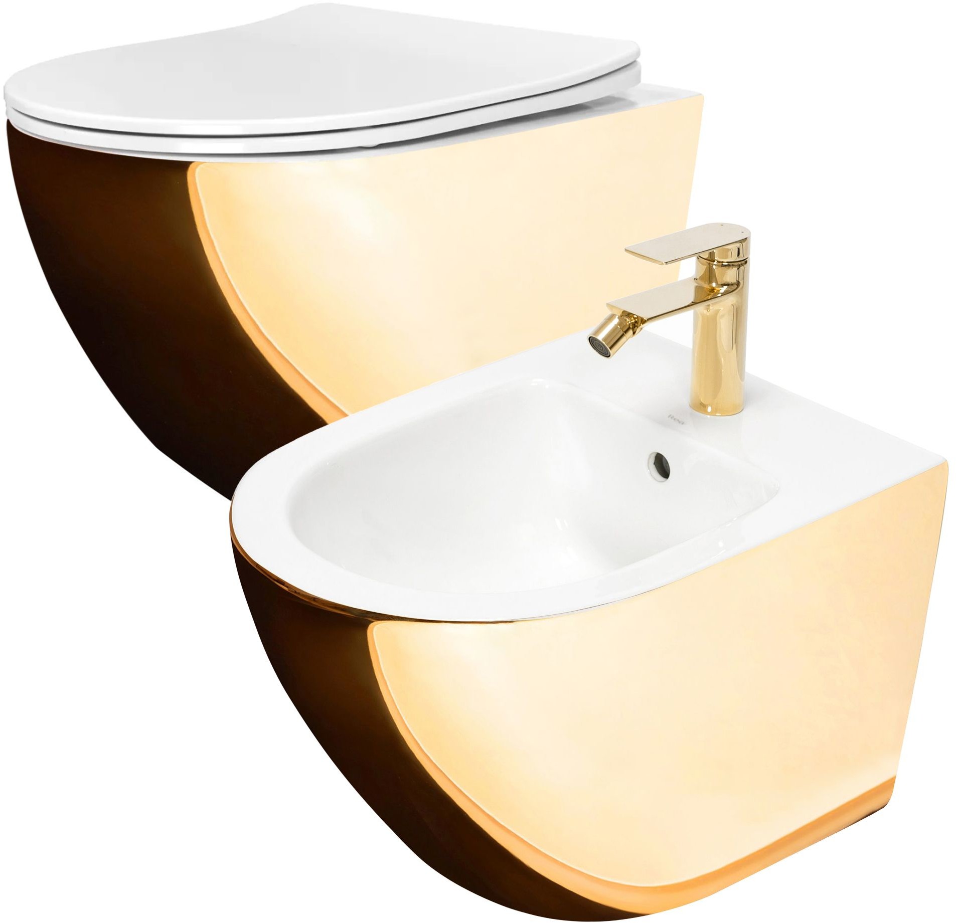 Rea Zestaw misa WC CARLO Mini Flat + bidet CARLO MINI GOLD/WHITE