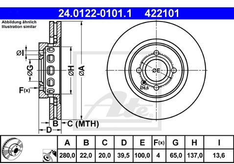 ATE TARCZA HAM 24.0122-0101.1 SEAT TOLEDO I 2.0I 91-99, CORDOBA 1.6I, 1.9TDI, 2.0I 16V 96-99, IBIZA III 1.9TDI 99-02  24.0122-0101.1