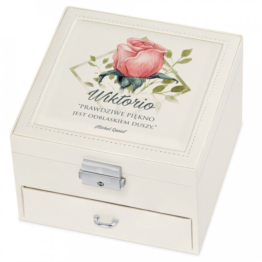 Murrano Szkatułka na Biżuterię Kremowa z Nadrukiem Róża SZKT-BB-026