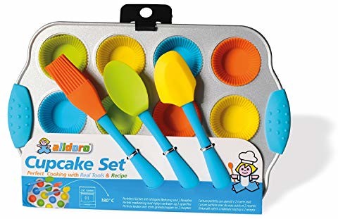 alldoro 61518 mini zestaw, 16-częściowy zestaw do pieczenia muffinek, 12 silikonowych foremek do muffinek i blacha do muffinek z metalu, nieprzywierające formy do pieczenia do babeczek z akcesoriami k