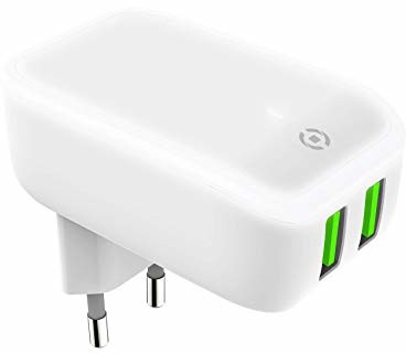 Celly Ładowarka sieciowa z 2 portami USB ze światłem LED, szybkie ładowanie 2,4 A, podwójna, uniwersalna, biała TC2USBLEDWH
