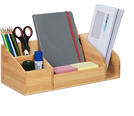 Relaxdays Relaxdays Organizer na biurko, bambus, 5 przegródek, otwarty, z uchwytem na długopisy, do biura, wymiary: 12 x 35 x 15 cm, naturalny, 1 sztuka 10031606