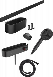 Hansgrohe 24250670 WallStoris Pakiet główka prysznicowa 105 3jet EcoSmart Activation bateria termostatyczna panel ścienny 70 cm i akcesoria czarny matowy