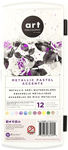 Unbekannt Prima Metallic Accents Semi-Watercolor Paint Set-12 Pastel Cakes & Brush 655350631895