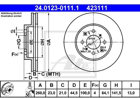 ATE TARCZA HAM 24.0123-0111.1 HONDA CIVIC VI 1.7CDTI 02-05  24.0123-0111.1
