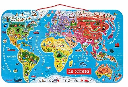 Janod J05500 Puzzle magnetyczna mapa świata z drewna, 92 części, francuska 4505500