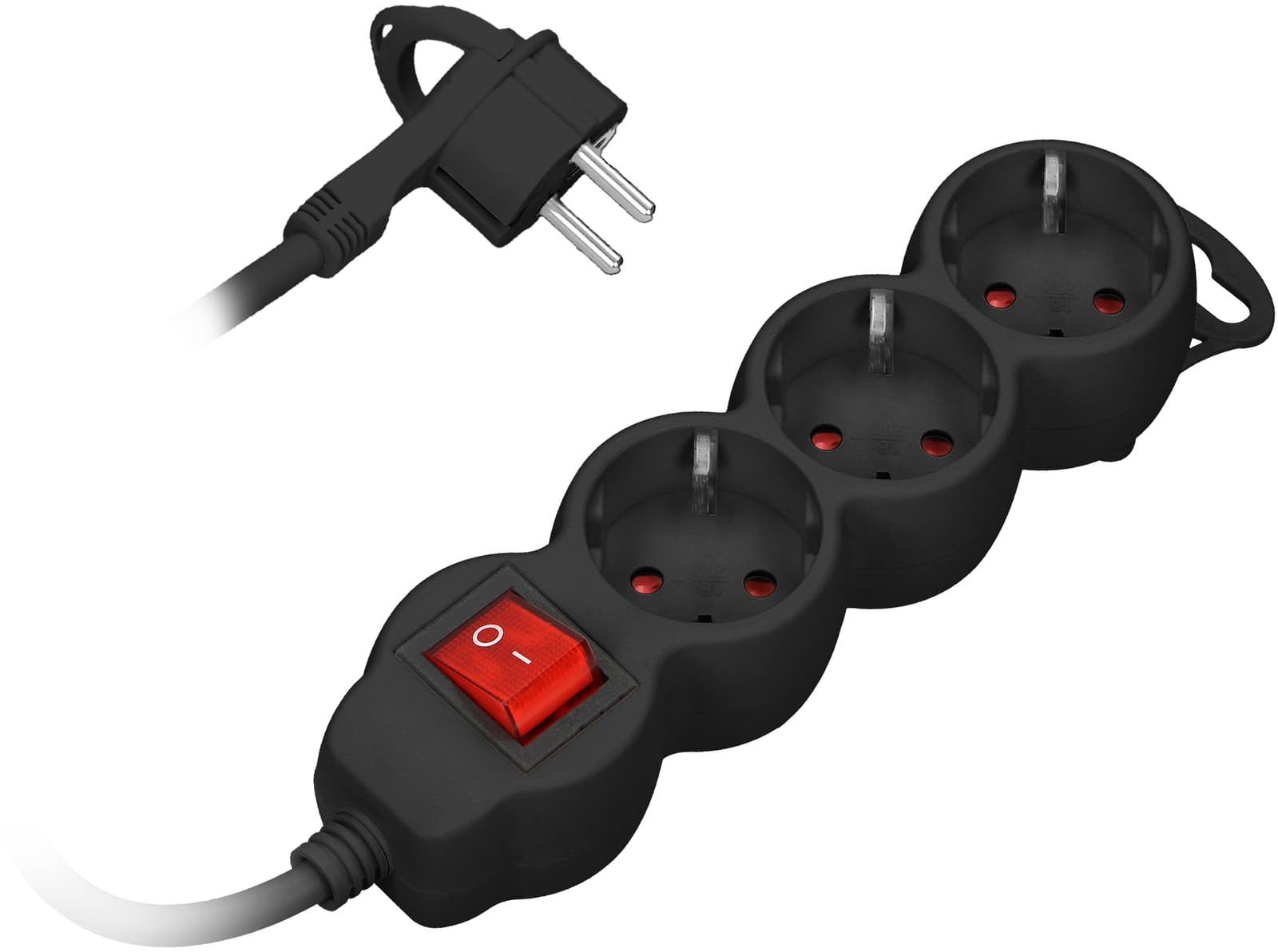 Orno Przedłużacz 3-krotny 2P+Z Schuko) z wyłącznikiem 1,5m H05VV-F 3x1,0mm$181 Imax=10A płaska wtyczka czarny