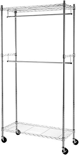 AmazonBasics Double Rod Garment Rack with Wheels  Chrome WI-GAR1436C