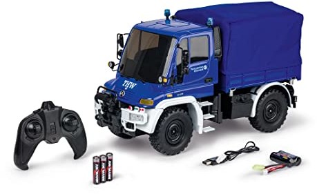 Carson 500907722 1:12 MB Unimog U300 THW 2.4G 100% RTR - pojazd zdalnie sterowany, RC Unimog z funkcjami, 100% kompletny zestaw, niebieski 500907722