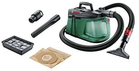 Bosch ręczny odkurzacz EasyVac 3, uniwersalny adapter, filtr harmonijkowy płaski, papierowy worek filtrujący, ssawka szczelinowa, mała ssawka podłogowa do pracy na sucho, elastyczny wąż, karton, 700 W (06033D1000)