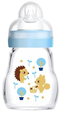Mam Feel Good butelka dla niemowląt ze szkła (170 ml), butelka dla niemowląt z szerokim otworem, stabilna butelka do picia dla niemowląt z przyssawką rozm. 1, od urodzenia, jeż/wiewiórka