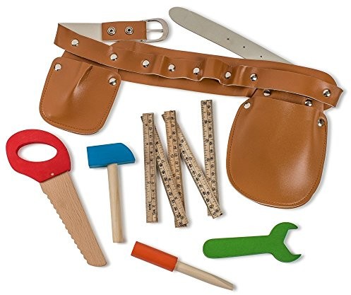 Dress Up America Construction Tool Belt zestaw z pięciu drewnianych narzędzi Idealna do Pretend zabawy zestaw umfassthammer linijka, zmarszczek, płaska główka, śrubokręt, klucz i pas narzędziowy piła