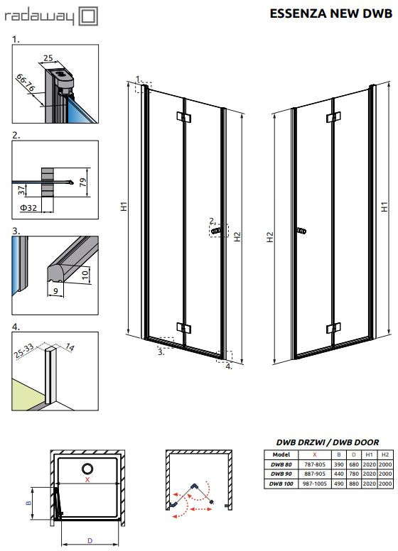Radaway Essenza New DWB 80 Drzwi wnękowe 80x200 cm wersja lewa profile chrom szkło przejrzyste z powłoką EasyClean 385075-01-01L