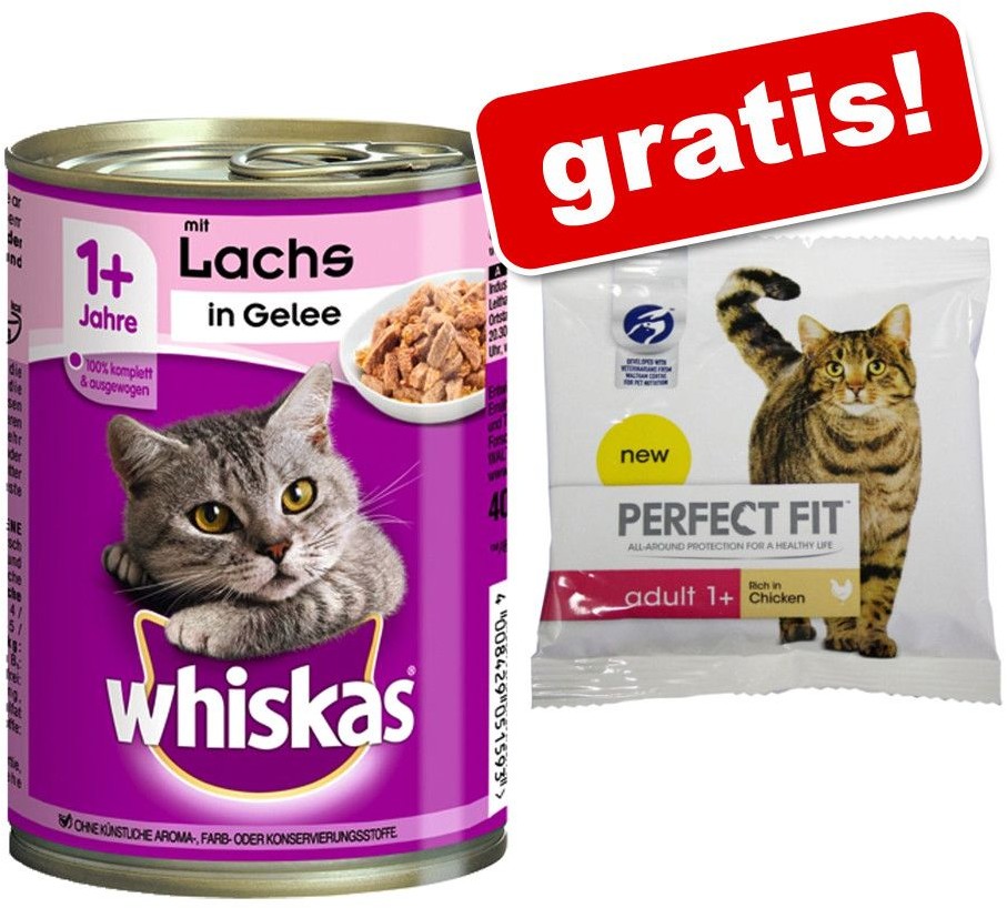 Whiskas Adult puszki 12 x 400 g + karma Perfect Fit Adult 1+ z kurczakiem 4 x 50 g gratis! Pasztet z drobiu