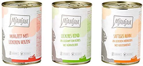 MjAMjAM MjAMjAM - Premium mokra karma dla kotów - zestaw miksujący 1 - kurczak, wołowina, serce, opakowanie 6 sztuk (6 x 400 g), bez zbóż, z bardzo dużą ilością mięsa 1104M1
