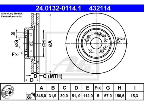 ATE TARCZA HAM 24.0132-0114.1 MERCEDES W163 ML270 CDI 99-05, ML320 98-02, ML350 03-05, ML400 CDI 01-05, ML430 98-05  24.0132-0114.1